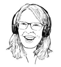 digital black/white artist's drawing of the podcaster